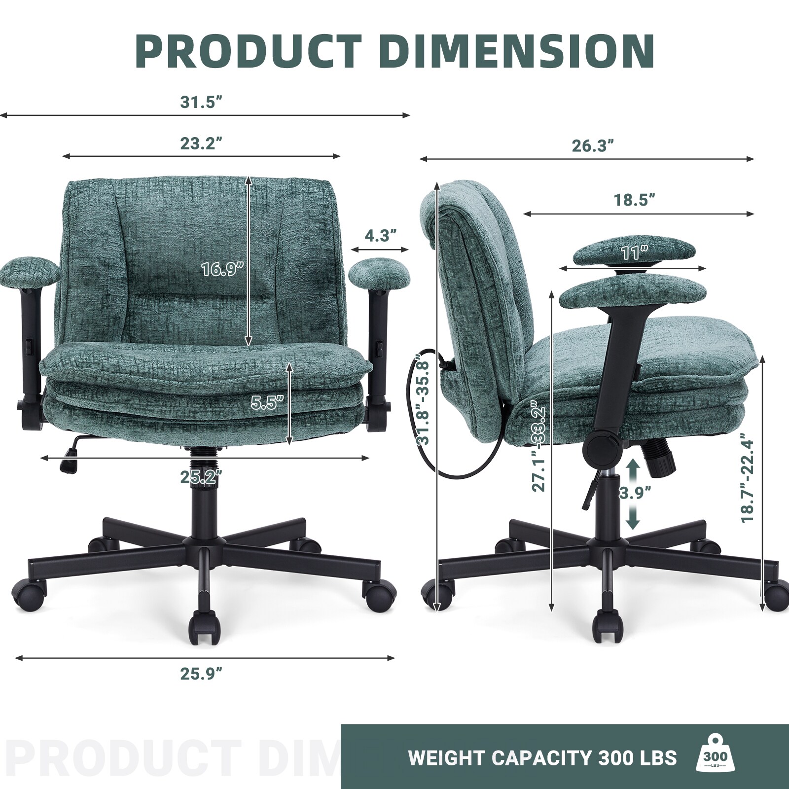 Criss Cross Chair With Wheels And Flip Arms, Upholstered Cross Legged Office Chair With 3 Layer Cushions&Dynamic Airbag Lumbar Support, Wide Seat Comfy Desk Chair For Home Office, Living Room, Green_maomaolike.com